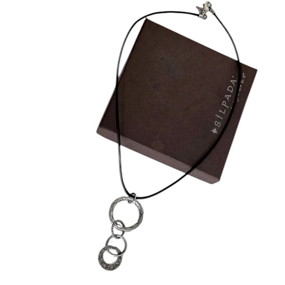 N1821 Silpada Retired Brown Leather Necklace with 4 Linked Rings Pendant